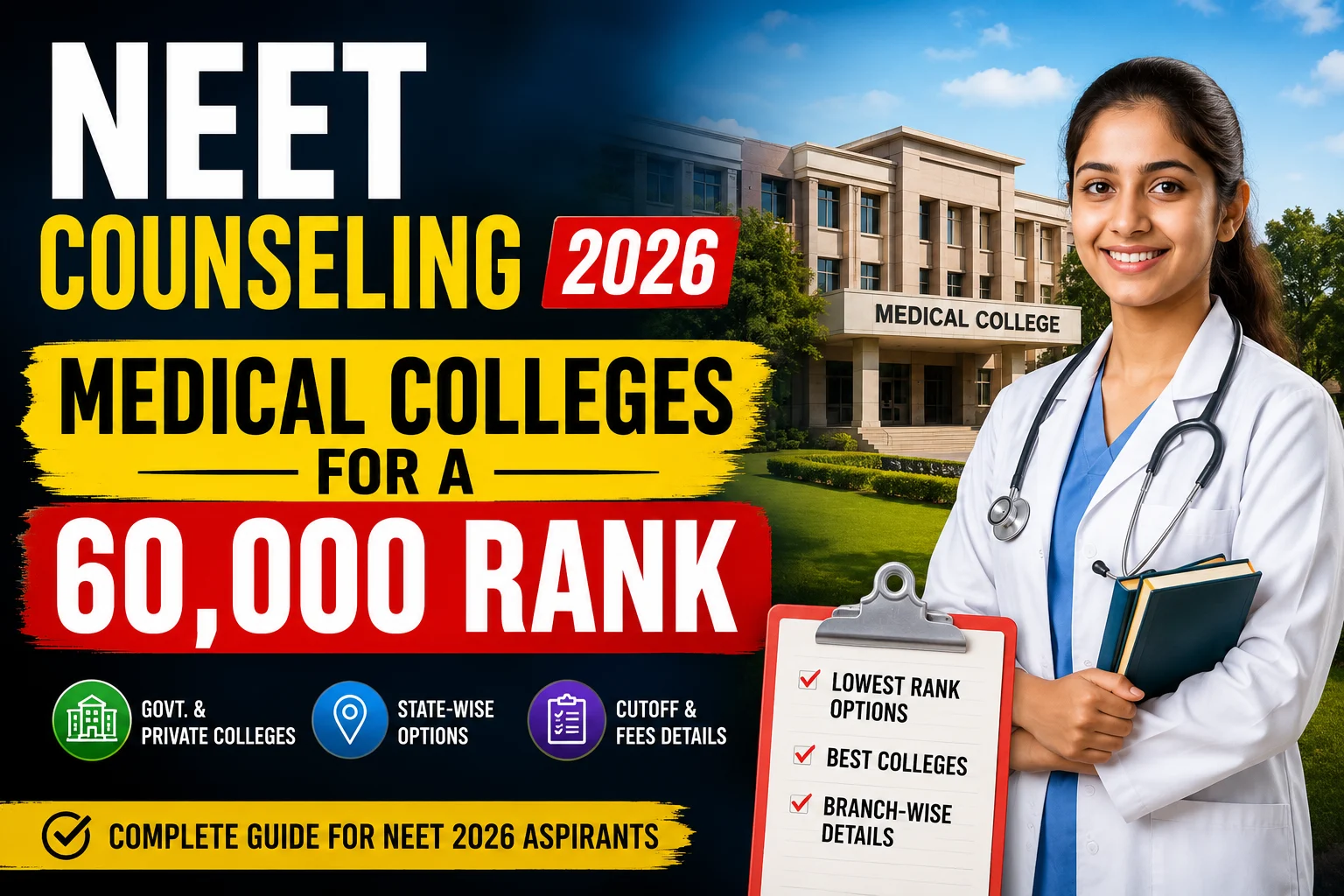 NEET Counseling 2026: Medical Colleges For A 60,000 Rank